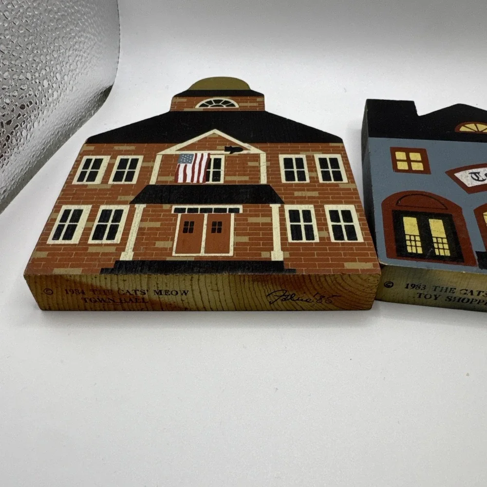 Lot 3 The Cats Meow 1985s Wood Shelf Sitter Toy Shoppe Dry Goods Store Town Hall